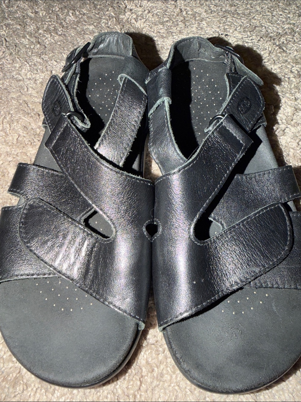 SAS Huggy Black Leather Hook and Loop Sandals Size 7 W